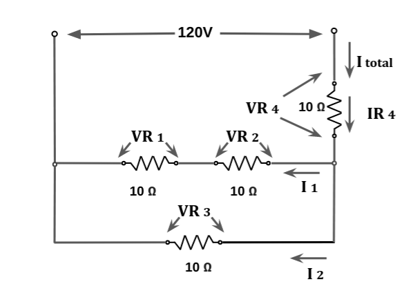 Multi path circuit with series resistor, parallel resistance, and voltage divider.