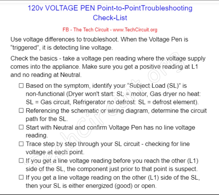 120 volt voltage pen point to point voltage drop diagnostic check list. 