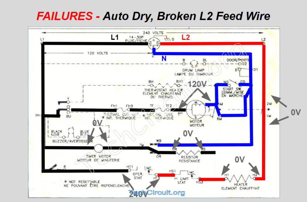 Whirlpool Dryer Schematic - Auto Dry - Broken L2 Feed Wire