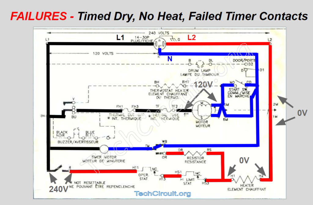 Whirlpool Dryer Schematic - Timed Dry - No Heat - Failed Timer Contacts