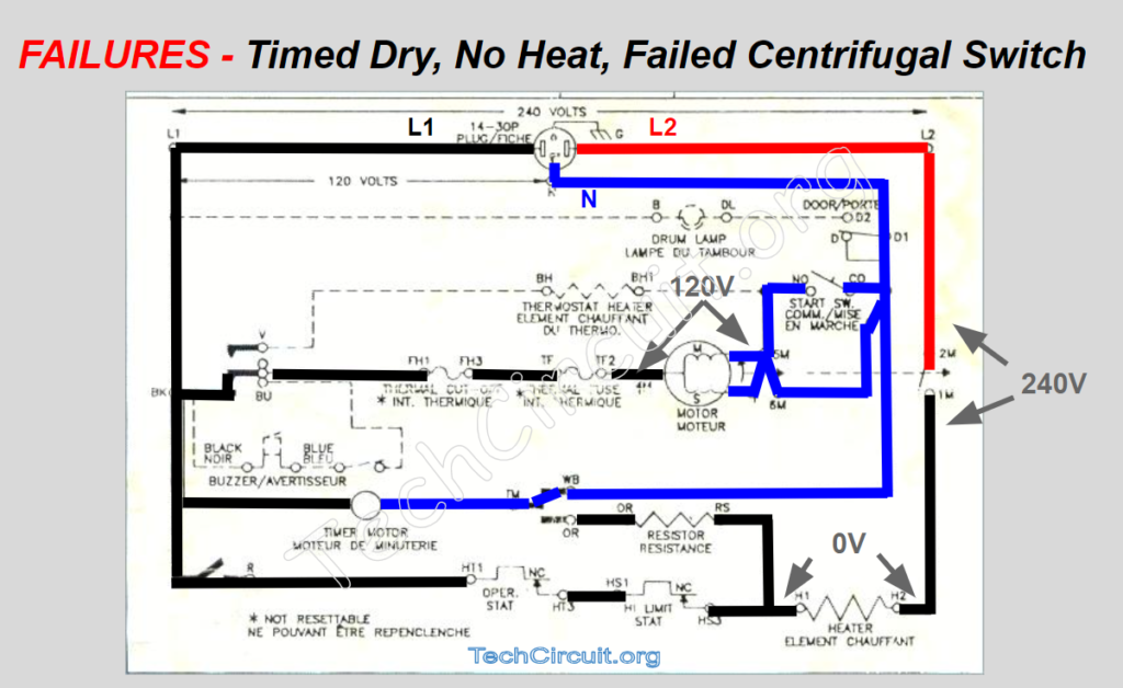 Whirlpool Dryer Schematic- Timed Dry - No Heat - Failed Centrifugal Switch
