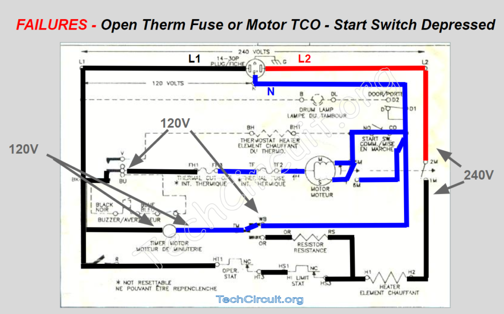 Whirlpool Dryer Schematic Open Thermal Fuse or Motor TCO - Start Switch Depressed