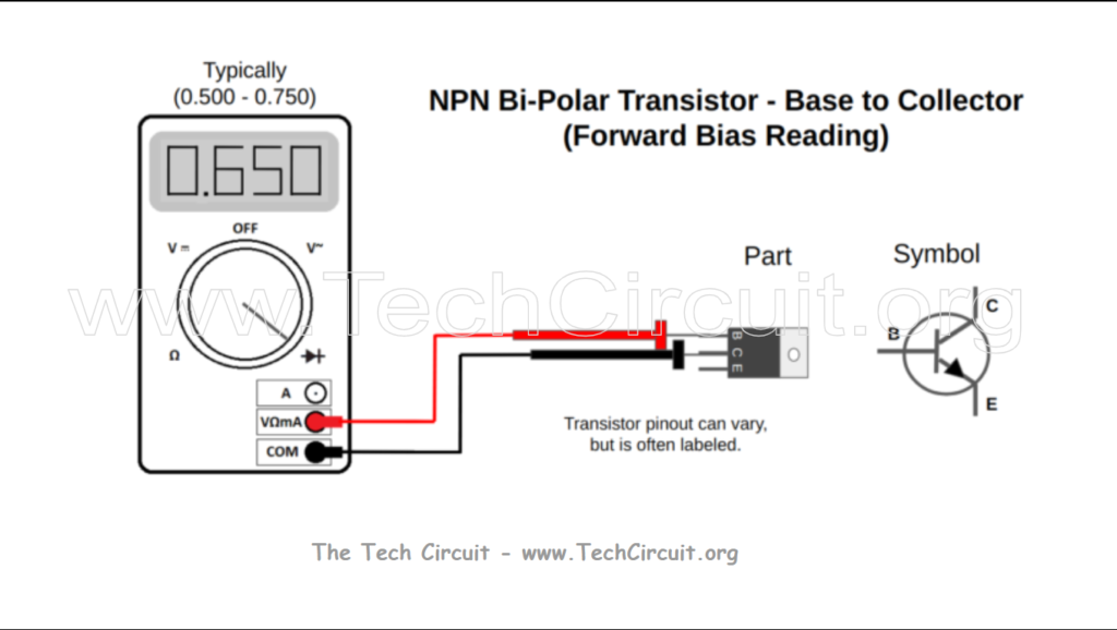 How to test a transistor with a Multimeter - NPN Base to Collector Forward Bias