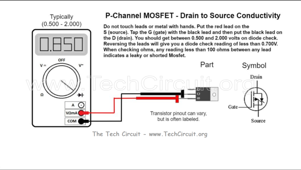 How to test a P-Channel MOSFET a multimeter -  Drain to Source Conductivity Test
