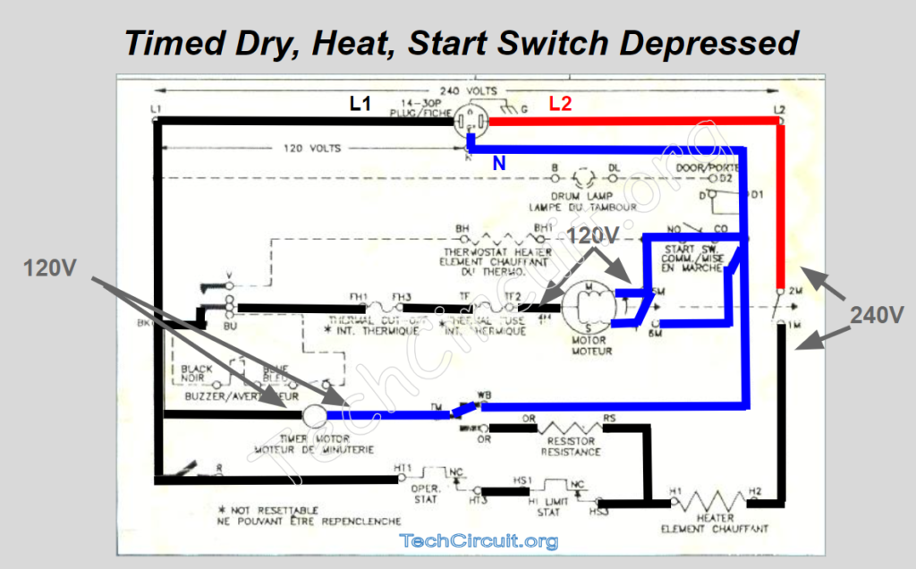 Whirlpool Dryer Schematic - Heat Mode - Start Switch Depressed