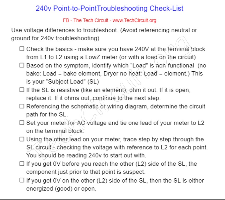 240 volt point to point voltage drop diagnostic check list. 