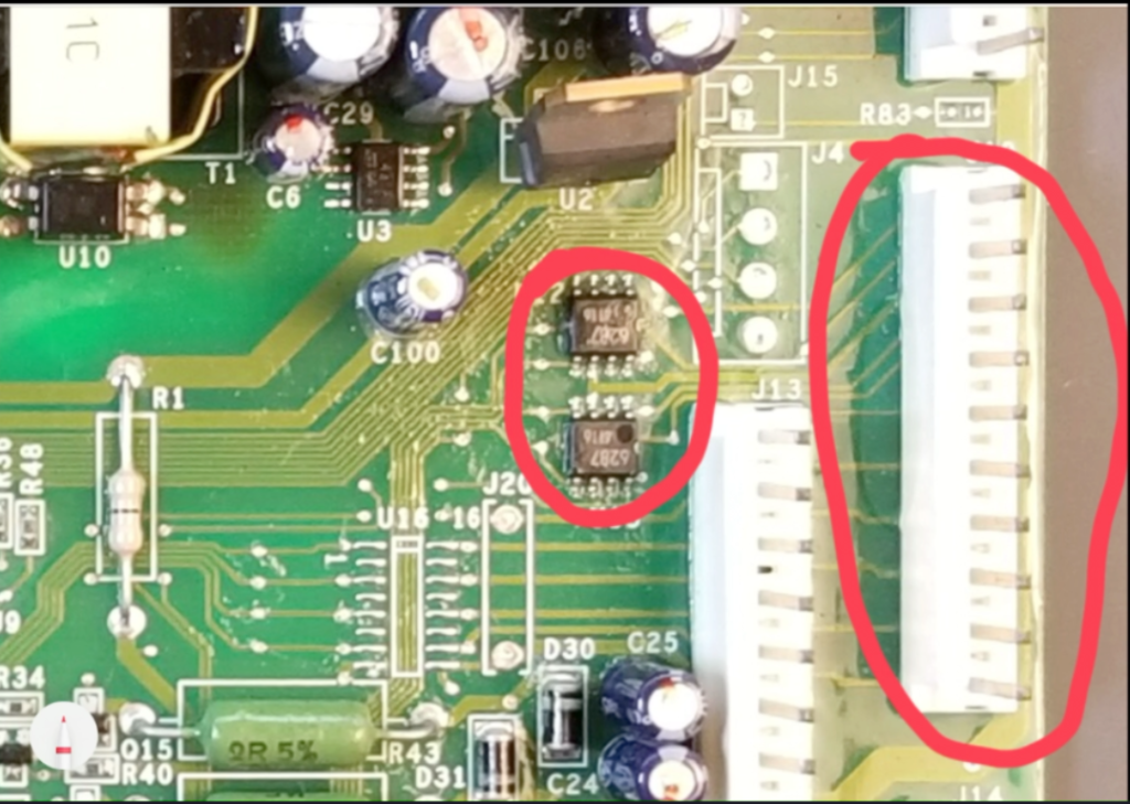 Connector responsible for controlling refrigerator damper motors using H-bridges. 