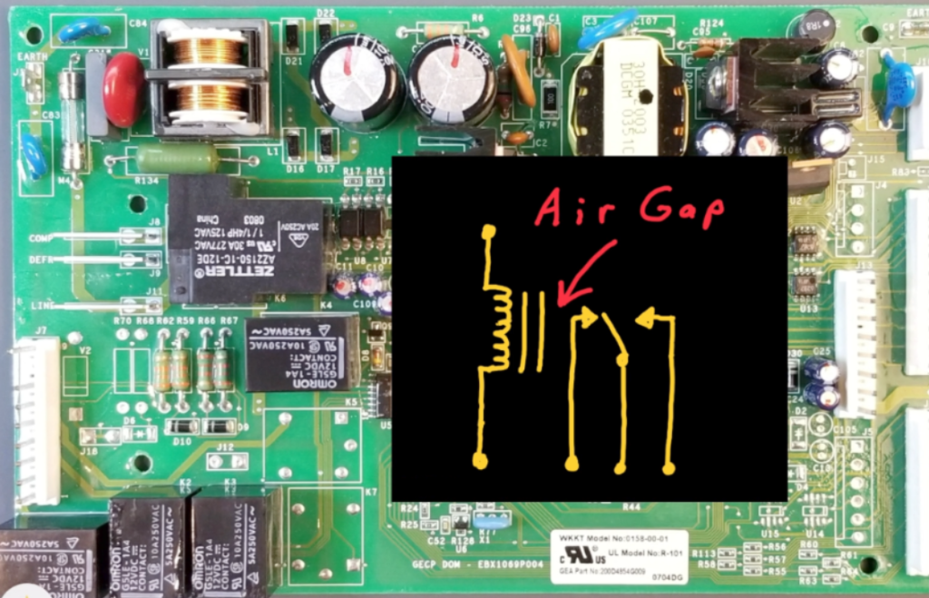 Relay air gap that isolates the AC and DC sides of the control board. 
