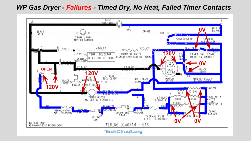 Whirlpool Gas Dryer Schematic - Failures - Timed Dry - No Heat - Failed Timer Contacts