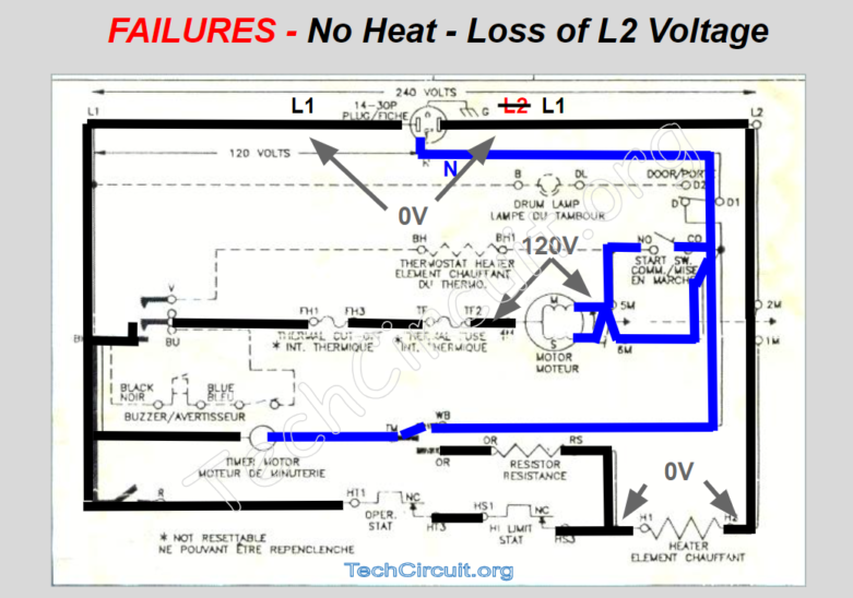Whirlpool Dryer Schematic -No Heat - Loss of L2 Voltage