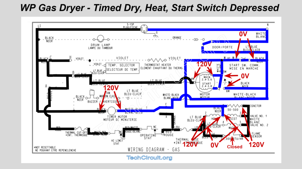 Whirlpool Gas Dryer Schematic - Timed Dry - Heat - Start Switch Depressed