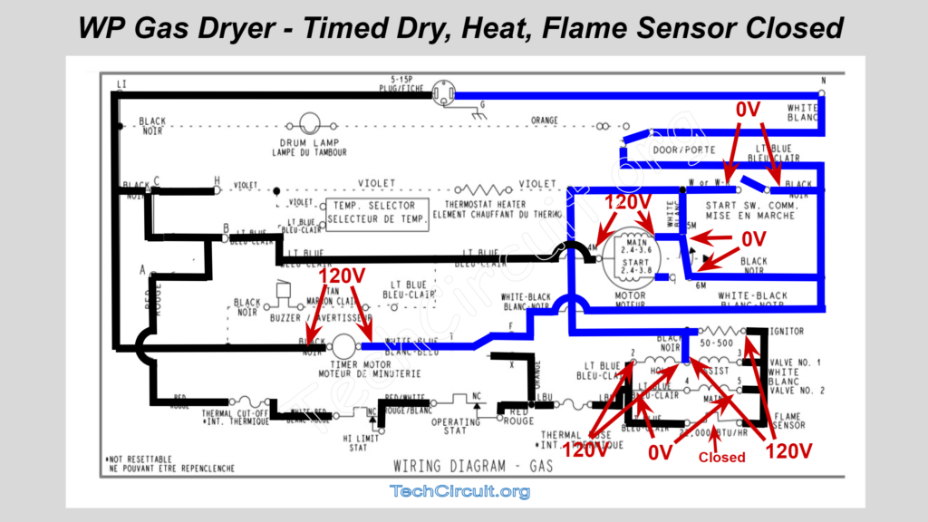 Whirlpool Gas Dryer Schematic - Timed Dry - Heat - Flame Sensor Closed