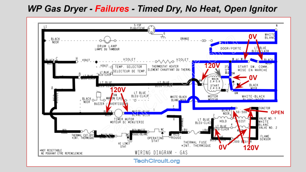 Whirlpool Gas Dryer Schematic - Failures - Timed Dry - No Heat - Open Ignitor