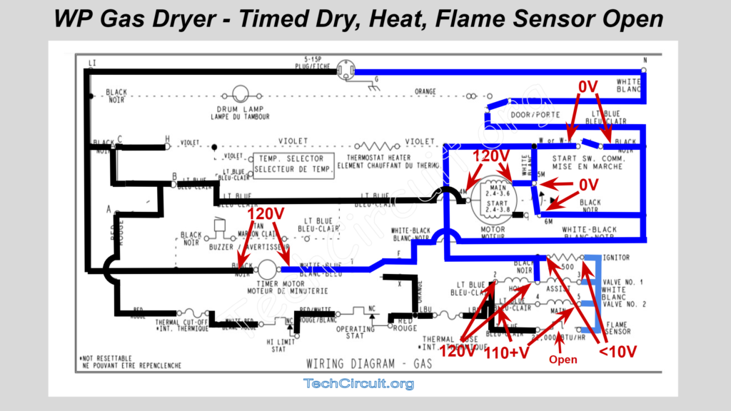 Whirlpool Gas Dryer Schematic - Timed Dry - Heat - Flame Sensor Open