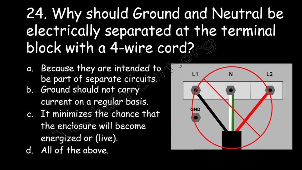 Why should ground and neutral be electrically separated at the terminal block with a four wire cord?