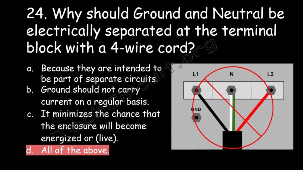 Ground and neutral should be separated because they are intended to be part of separate circuits, ground should not carry current on a regular basis, and it minimizes the chance that the enclosure will become energized or alive.