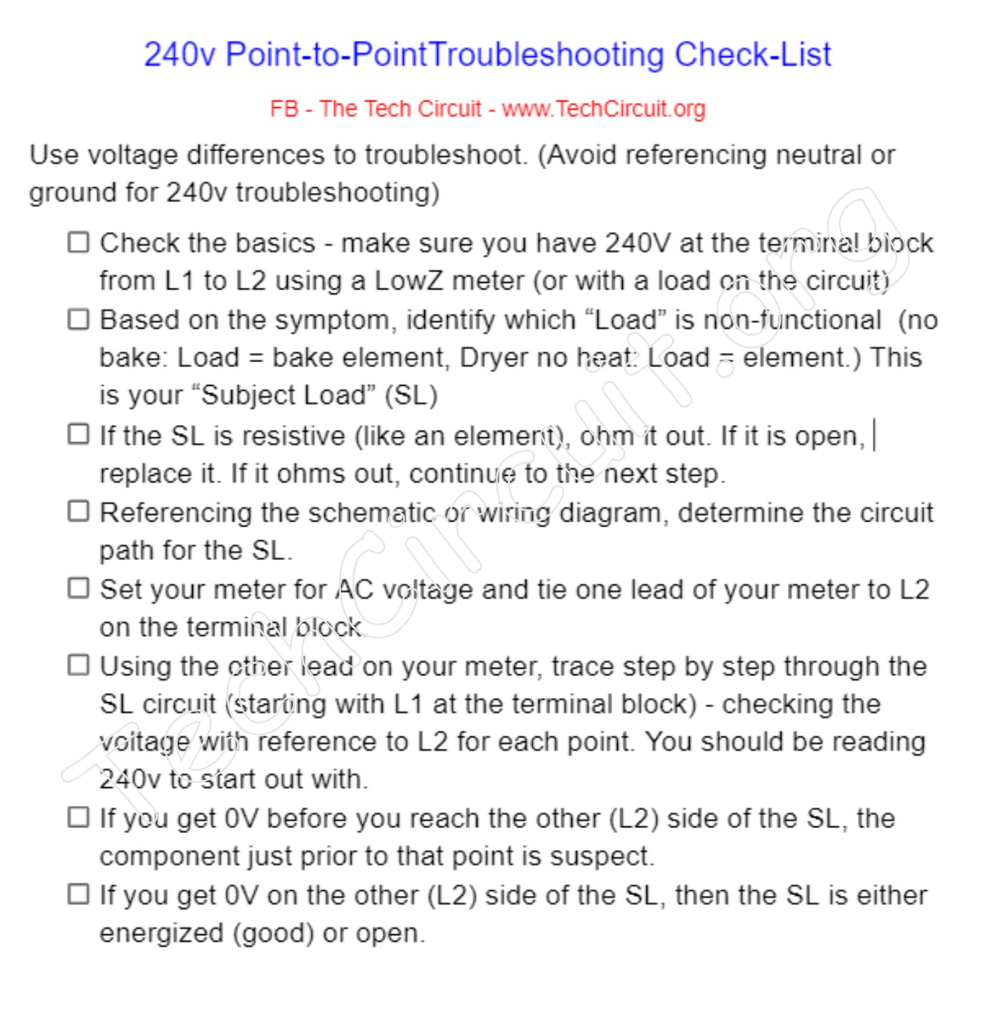 240v Point to Point Diagnostics Cheat Sheet - The Tech Circuit